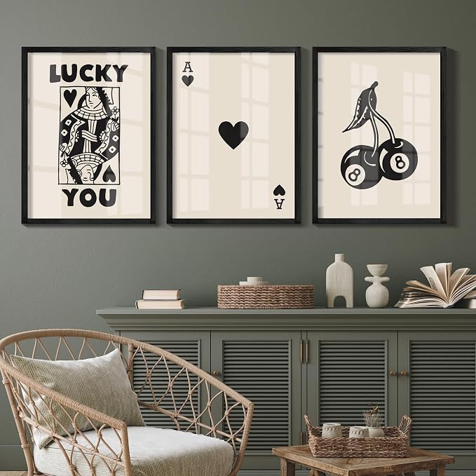 Heiple Framed Set of 3 Poker Wall Art Lucky You Poster, Trendy Retro Print Wall Decor for Queen of Hearts Wall Art Rustic Vintage Farmhouse Home Wall Decor(Black 12"x16")