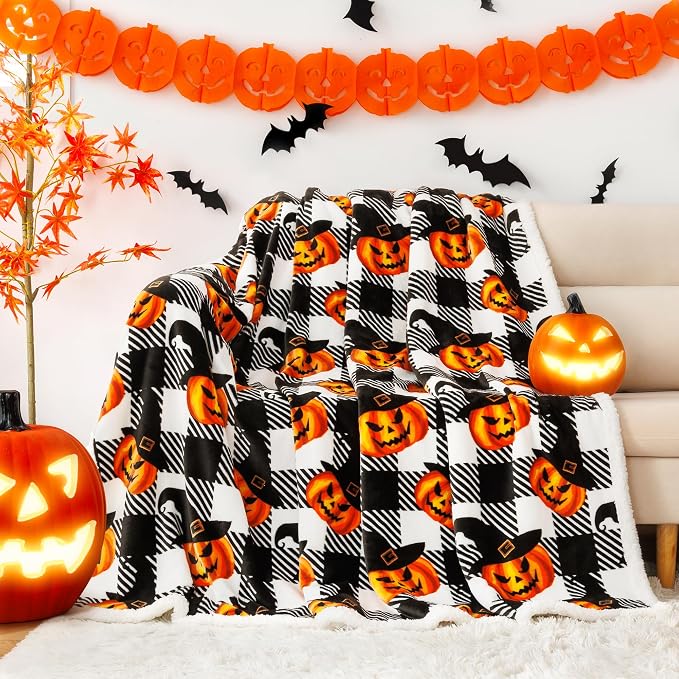 Halloween Blanket Twin Size 60" X 70",Pumpkin Sherpa Fall Fuzzy Fluffy Soft Cozy Blankets, Fleece Flannel Plush Microfiber Throw for Couch Bed Sofa, Halloween Decor (BlackHalloween)