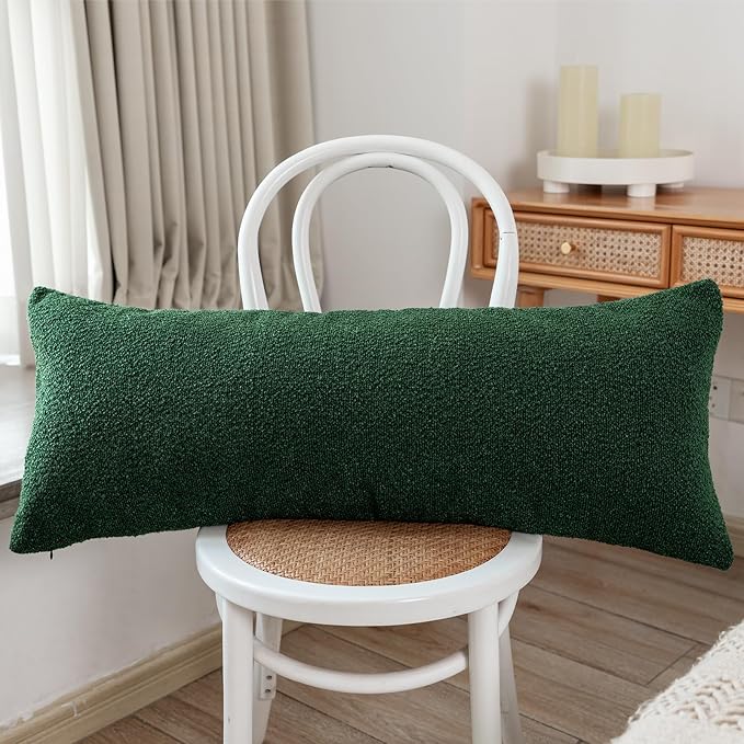 JoraLion 14x36 inch Boucle Lumbar Pillow Cover, Forest Elf Green Woven Texture Neutral Long Pillow Cover Breathable Cushion Case for Couch Sofa Bed Living Room Home Decor (Cover Only)