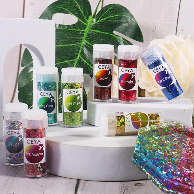 Ceya Holographic Chunky Glitter Set 28 Colors, 9.87oz/280g Craft Glitter Powder Mixed Chunky Fine Sparkle Flakes Each 15ml Iridescent Nail Sequins for Epoxy Resin Nail Art Tumbler Slime Festival Decor