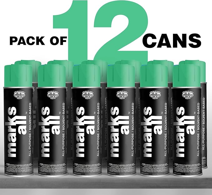 Fox Valley 18oz Marks All Solvent-Based Marking Paint Spray, 12-Pack Green APWA – Long-Lasting, Weather-Resistant Spray Paint for Wet or Dry Surfaces Like Metal, Grass, Concrete, Wood, & More
