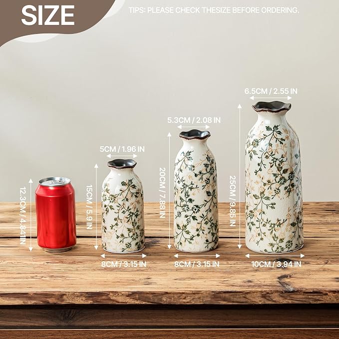 Ceramic Flower Vase Set for Home Decor, Vintage Green Vase (6+8+10 Inch) | Rustic Farmhouse Floral Vase for Entryway, Living Room, Kitchen, Coffee Table, Mantel, Bookshelf, Wedding Centerpiece