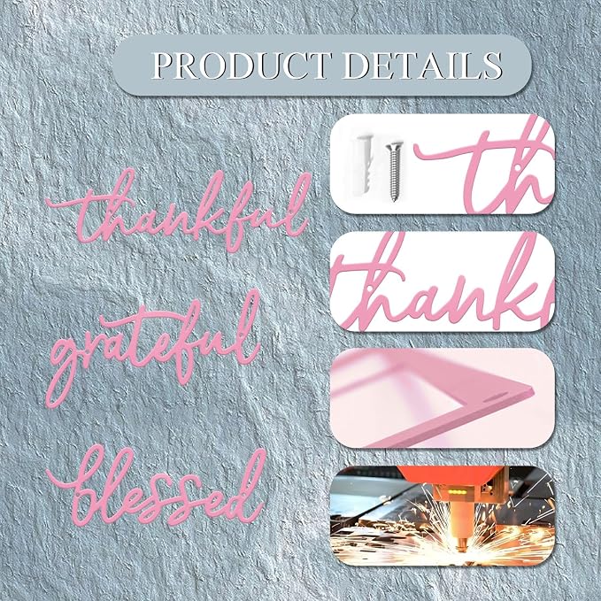Thankful Grateful Blessed Letter Sign Metal Wall Decor, 3 Pieces Pink Letters Wall Art for Bathroom Bedroom Metal Words Wall Decor for Home Decor (Pink)