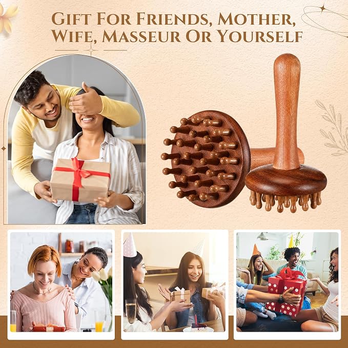 28teeth Rosewood Meridian Massage Brush for Body and Scalp, Wooden Body Massage Brush with Handle, Handheld Abdomen Massager, Spa Relaxing Gua Sha Tool for Cellulite Remover, Relaxation