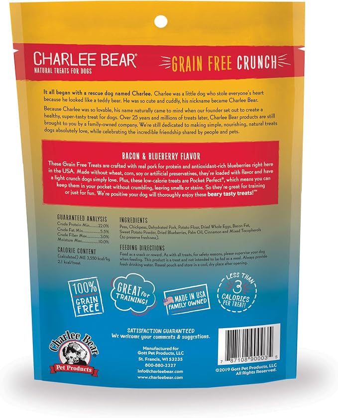 Charlee Bear Crunch Grain Free Dog Treats, Bacon and Blueberry, 8 Ounce Resealable Bag, Low Calorie Training Treats for Dogs, Limited Ingredient, Healthy, Crunchy Dog Snacks, Made in USA (Pack of 2)