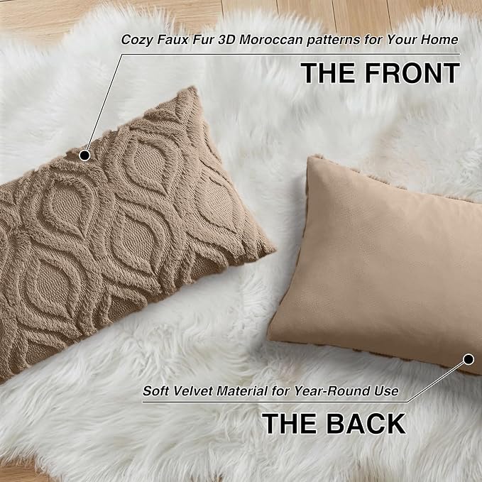 decorUhome Faux Fur Soft Light Brown Throw Pillow Covers 12x20 Set of 2 | Plush Solid Fall Couch Pillow Covers, Accent Modern Farmhouse Neutral Decorative Square Pillow Cases for Sofa Bed Living Room