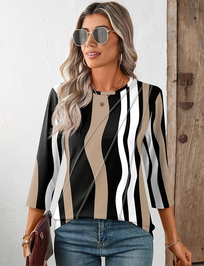 LOMON 3/4 Length Sleeve Womens Tops Spring Summer Fashion 2026 Tops Crew Neck Pleated Shirts Tunic Top Loose Fit