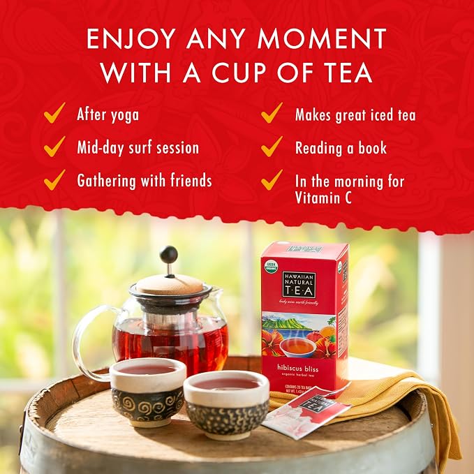 Hawaiian Natural Tea Hibiscus Flavored Organic Herbal Tea - Caffeine Free All Natural For Wellness, Perfect Daily Cup & Gift - 120 Bags