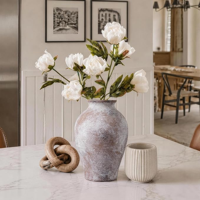 Ceramic Flower Vase Home Decor, 9 in Farmhouse Table Vase Retro Vintage Living Room Kitchen Bedroom Decoration Pottery Decorative Vases for Flowers Shelf Office Coffee Desk Dining Entryway, Classic