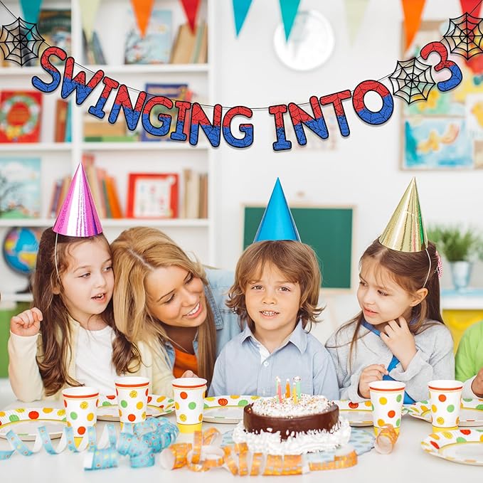 Spider Theme 3rd Birthday Banner Glitter Swinging into 3 Banner Pre-strung Ghost Spider Web 3rd Birthday Decorations Party Supplies for Third 3 Year Old Boys Girls Kids(3 Years)