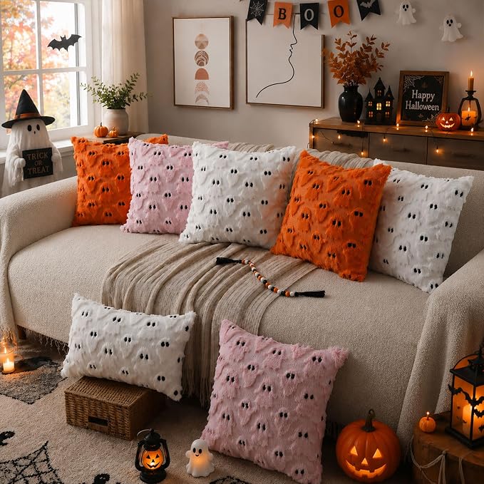 DFXSZ Halloween Pillow Covers 18x18 inch 2Pcs Pink Ghost Halloween Decor | Halloween Decorations Set of 2 Throw Pillow Cases Plush Faux Fur Wool Cushion for Chair Sofa Bedroom Living Room Home Decor