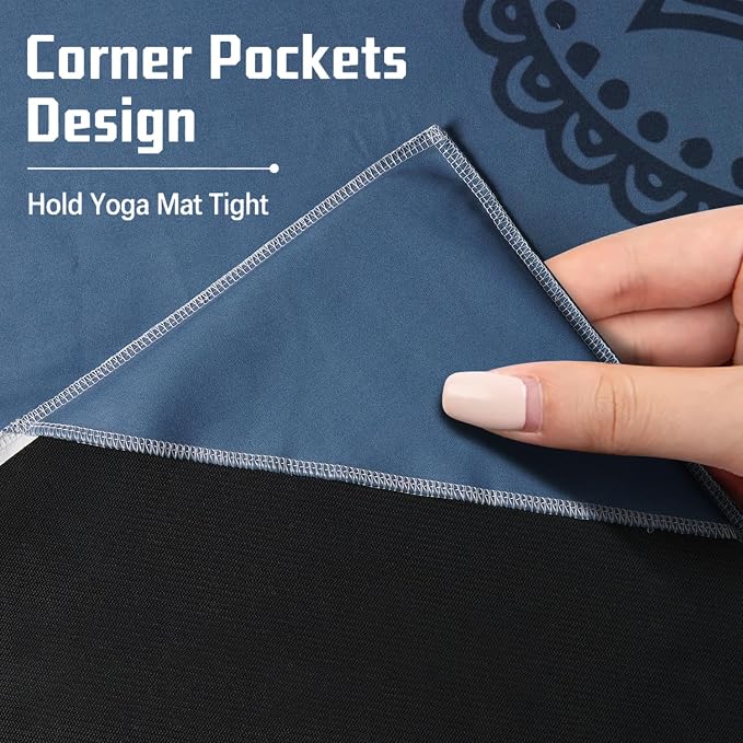 Yoga Mat Towel, Hot Yoga Non Slip with 4 Corner Pockets, 70 x 26 in | Soft Absorbent Microfiber With Four Corner Pockets, Fits Over Yoga Mats For Hot Yoga, Pilates, Gym, And Travel