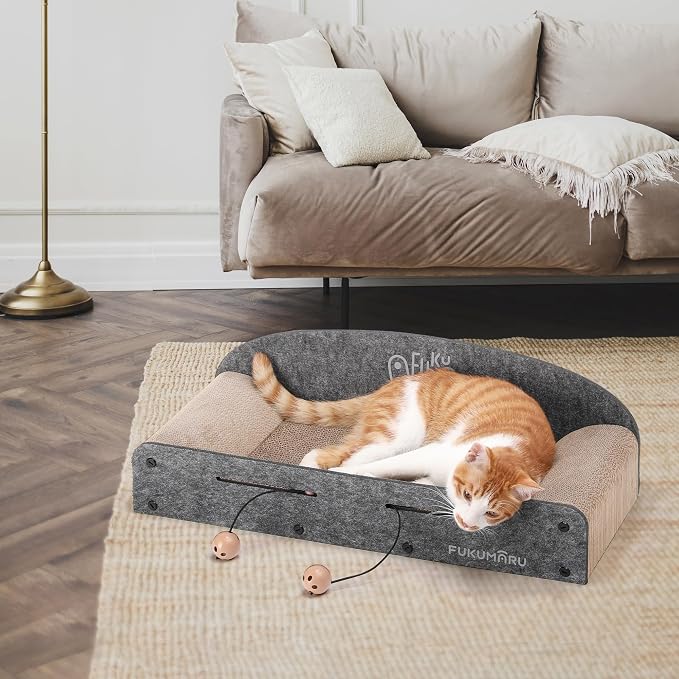 FUKUMARU Large Cat Scratcher Bed, 26 Inch Cat Scratching Bed Sofa Indoor | Cardboard Cat Scratcher with 2 Reversible Scratch Pad Refills, Durable Large Cat Scratching Lounger with Ball Toy, Grey