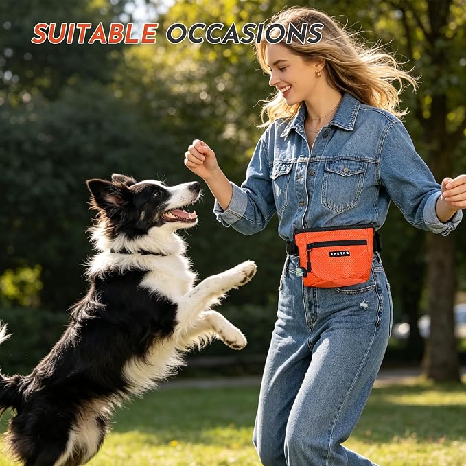 Dog Treat Pouch with Training Clicker, Treat Bag Fanny Pack with Magnetic and Zipper Closure Waterproof and Durable Treat Pouches for Pet Training Walking (Orange)
