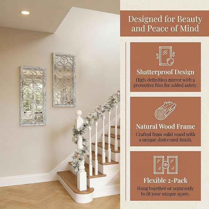 Set of 2 13x30 Inch Large Grey Shatterproof Carved Floral Wood Frame Wall Mirrors, Boho Farmhouse Rustic Accent Mirrors for Living Room Bedroom Bathroom & Home Decor