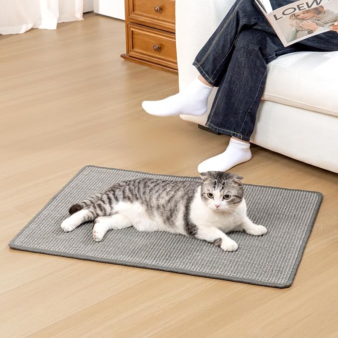 Conlun Cat Scratching Pad, 23.6x31.5in Sisal Mat Couch Protector | Indoor Cat Scratcher Mat, Mess-free, Anti-slip Backing, Hook&Loop Tape for Furniture Door Wall, Grey