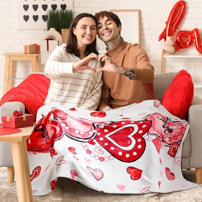 50'' x 60'' Valentine's Day Gift Throw Blanket Plush Home Decor | Red Heart Love Valentine Blanket Home Decor for Sofa Couch Bed