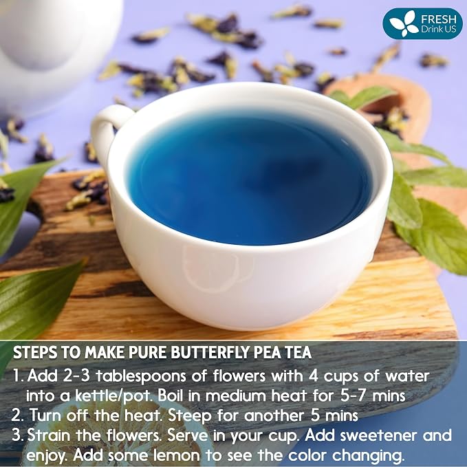 FreshDrinkUS, Premium 8oz Butterfly Pea Flowers, 100% Natural & Pure from Whole Butterfly Pea Flowers Leaves, Wildcrafted, Blue Butterfly Pea Flowers Loose Leaf Herbal Tea, No Gluten, Vegan