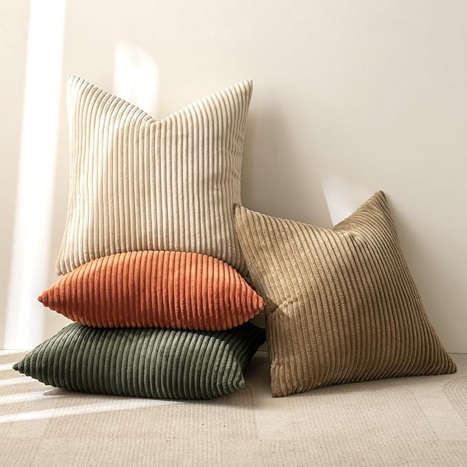 MIULEE Fall Corduroy Decorative Throw Pillow Covers Rust-Olive Green 18x18 | Set of 4, Vintage Fall Decor, Rustic Brown Green Collection, Boho Farmhouse Cushion Covers for Couch Bed Sofa Living Room