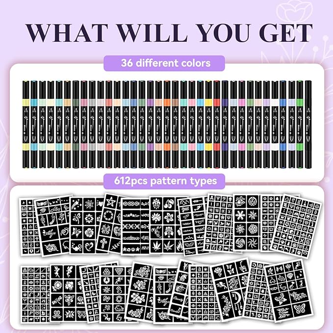 Temporary Tattoos Markers for Skin, 36 Body Markers+612 Large Tattoo Stencils, Temporary Tattoos for Kids and Adults, Dual-End Tattoo Pens, Bright colors, Flexible Brush Tip, Cosmetic-Grade, Skin-Safe