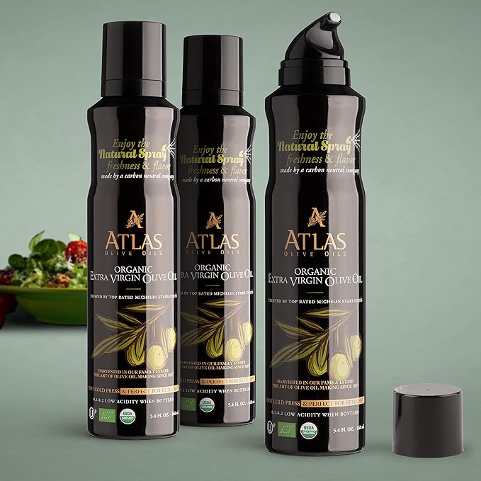 Olive Oil Spray by Atlas, Dual Function Olive Oil Cooking Spray and Stream, 5.4 fl oz, 3 Pack, Extra Virgin, Non Stick, Cold Pressed, Polyphenol Rich, Organic Moroccan EVOO, Hydroxytyrosol, Keto