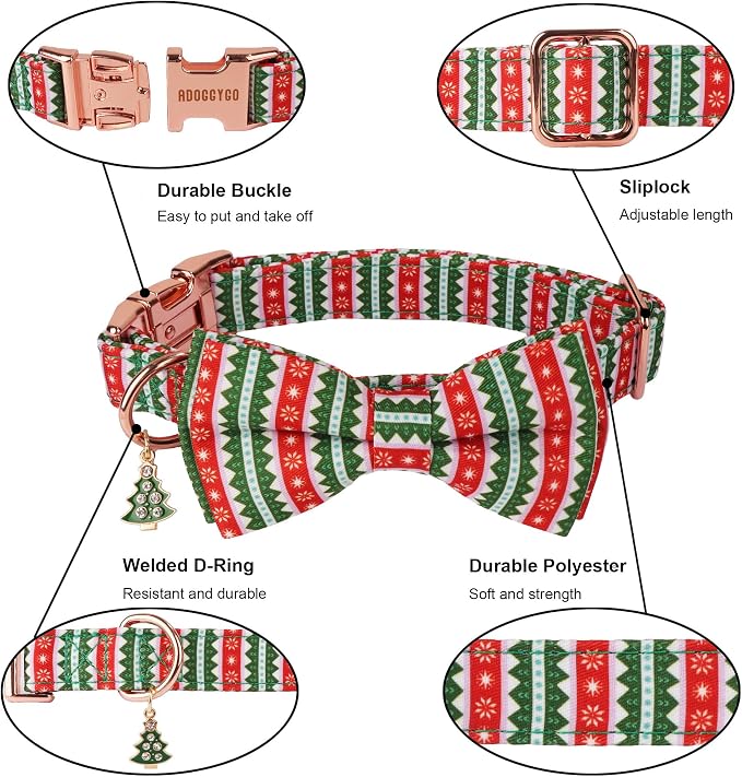 ADOGGYGO Christmas Dog Collars with Bow, Detachable Stripe Xmas Bowtie, Metal Buckle, Adjustable Green Christmas Collars for Small Dogs Boy Girl (Small)