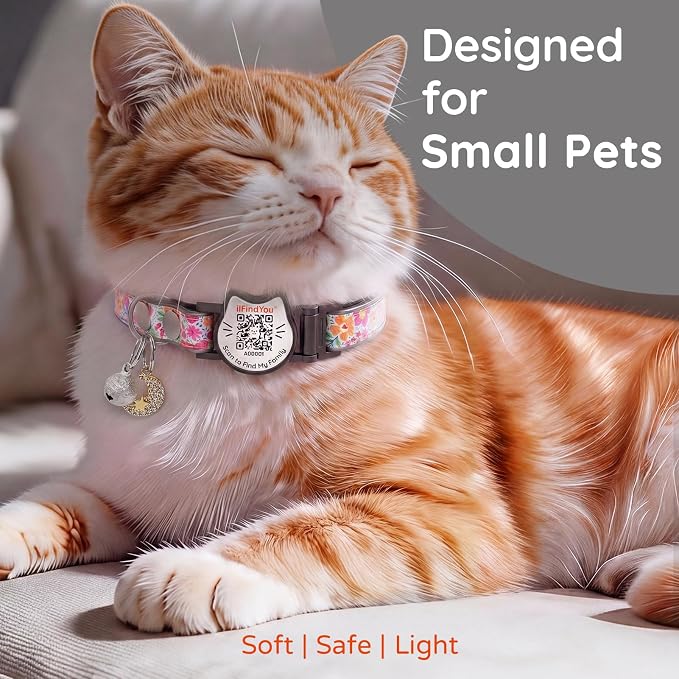 Breakaway Cat Collar QR Code, Reflective Bell, Adjustable Kitten Red Flower