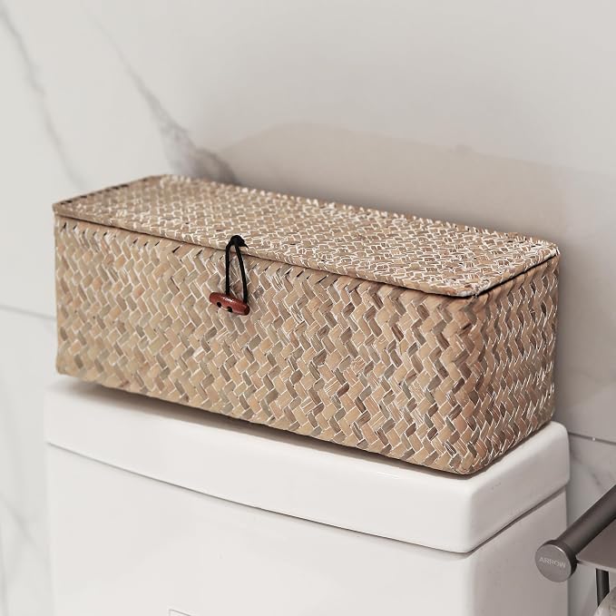 Seagrass Storage Basket with Lid Rectangular Small Woven Shelf Baskets with Sections for Organize Snack Toys Whitewash