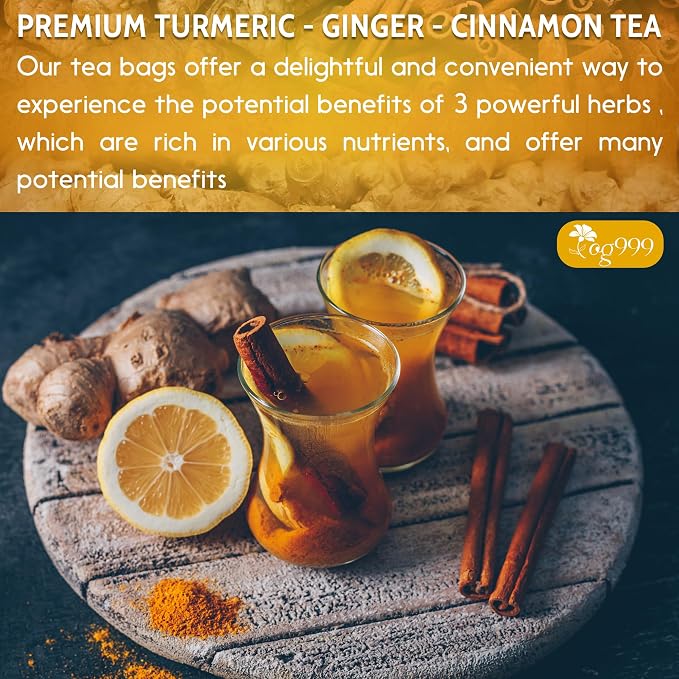 TOG999, 60 Bags Premium Turmeric Ginger Cinnamon Tea, Improve Digestion, Support Brain, Weight, Skin and Sleep, Eco-Conscious Tea Bags and Premium Natural Ingredients. Turmeric Ginger Herbal Tea. No Sugar, No Caffeine, No Gluten, Vegan.