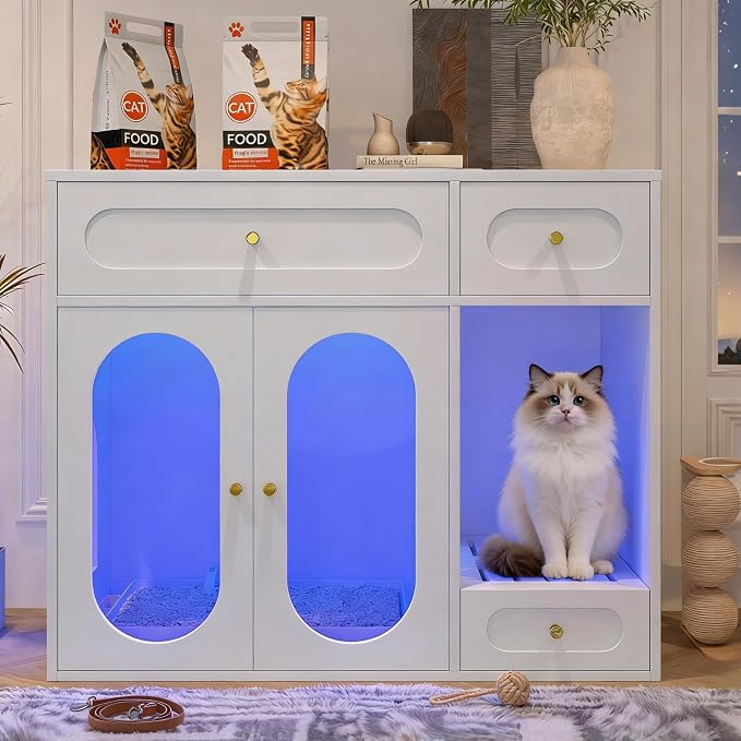 Cat Litter Box Enclosure with LED Light, Hidden Litter Box Furniture with Storage Drawers and Acrylic Doors, Cat Cabinet Indoor Pet House End Table, Fits Most Litter Boxes for Living Room Bedroom