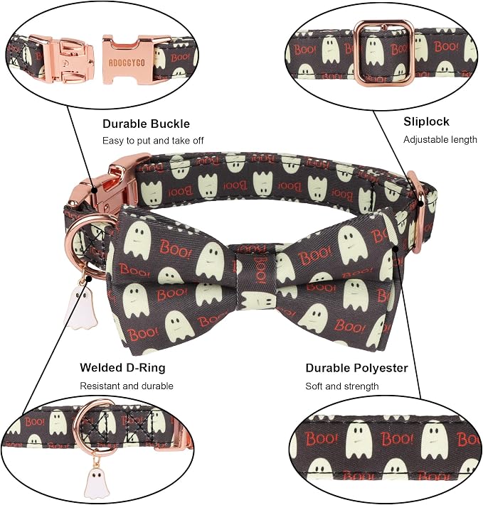 ADOGGYGO Halloween Dog Collar with Bow, Ghost Dog Bow Tie Collar, X-Large