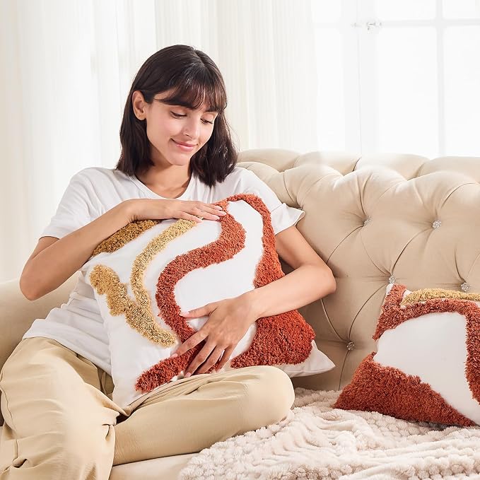 lifein 20x20 Pillow Covers-Throw Pillow Covers Boho Couch Pillows Embroidered Decorative Accent Pillows Mid Century Textured Pillowcases for Couch Sofa Living Room Bed Home Decor (Burnt Orange)