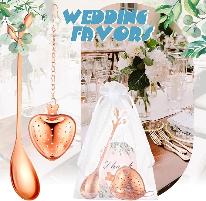 25 Sets Bridal Shower Tea Party Favor for Guest Leaf Tea Spoon Heart Shape Infuser Ball for Loose with Thank You Card Organza Bag Wedding Souvenir Gift(Rose Gold)