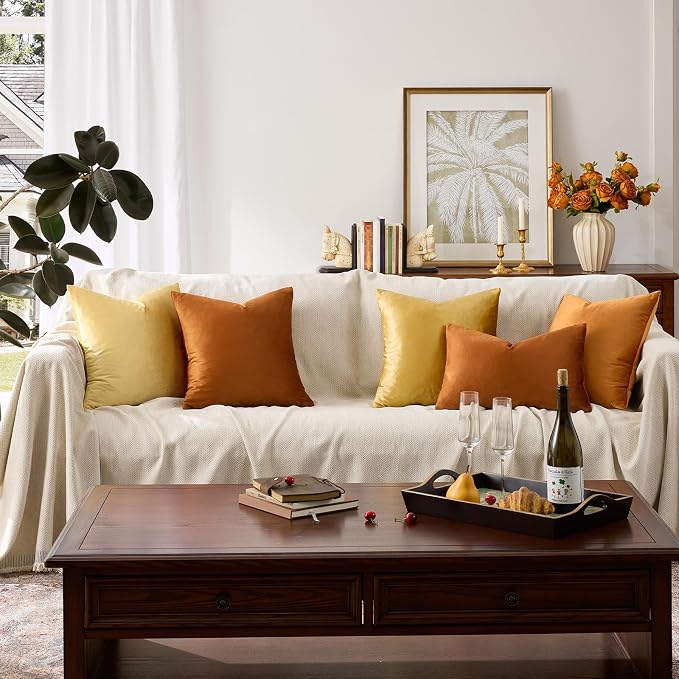 GIGIZAZA Burnt Orange Velvet Throw Pillow Covers 16x16 Pack of 2 | Decorative Pillows for Couch Sofa,280gsm Soft Textured Fabric,Modern Square Pillowcases,Luxury Cushion Covers