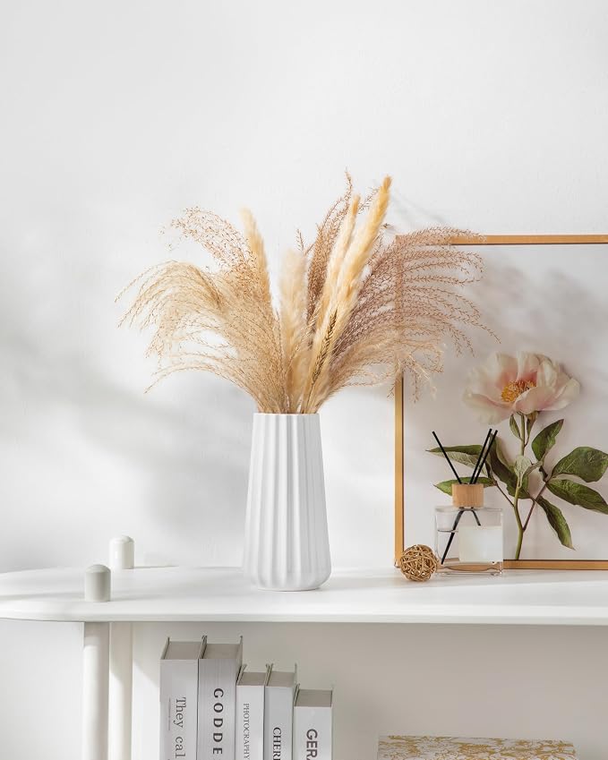 vancasso Ceramic Vase, 7.8 Inch Modern Ribbed Glossy Decorative Vase, Flower vase for Home Decor, Living Room, Bedroom, Office Decor, White