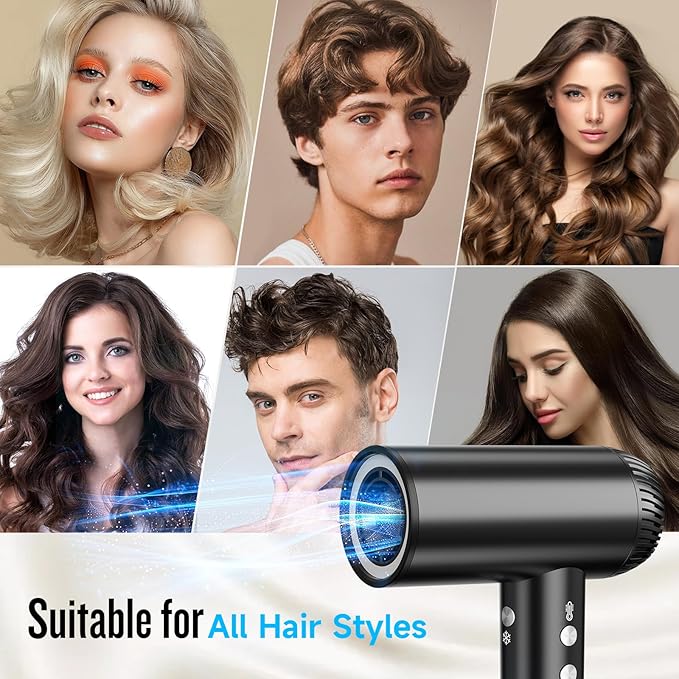 2026 Hair Dryer, 200,000 RPM Professional High Speed Blow Dryer with Diffuser for Women, 1200M Negative Ionic Hair Dryer with Brushless Motor, Low Noise Hair Blow Dryer for Home Travel Salon, Black