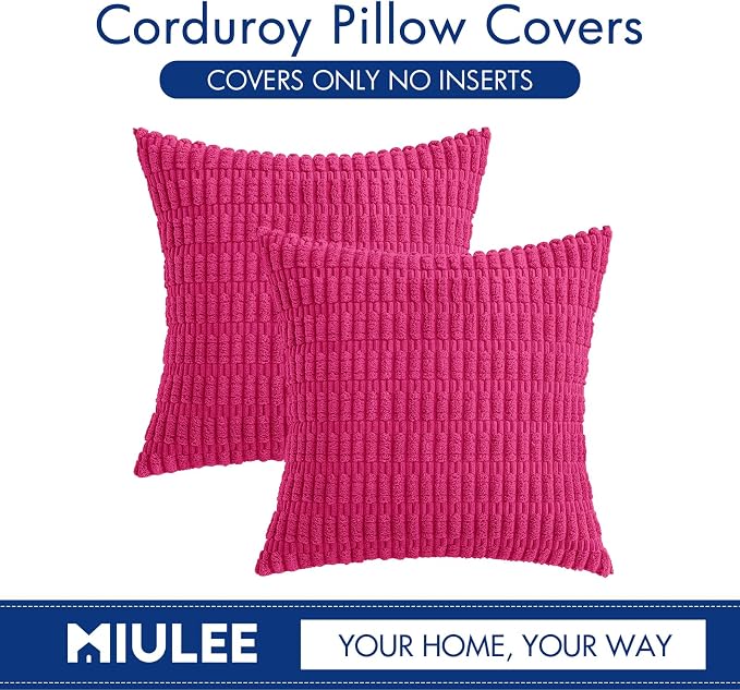 MIULEE Corduroy Decorative Throw Pillow Covers 18x18 Hot Pink Pack of 2 | Soft Boho Striped Pillow Covers Modern Farmhouse Home Decor For Sofa Living Room Couch Bed