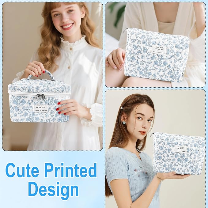 URSKYTOUS 2Pcs Cotton Quilted Makeup Bag for Women Extra Large Small Travel Cosmetic Bag Set Cute Blue Floral Print Makeup Pouch Portable Toiletry Bag Organizer Coquette Vintage Puffy Travel Essential
