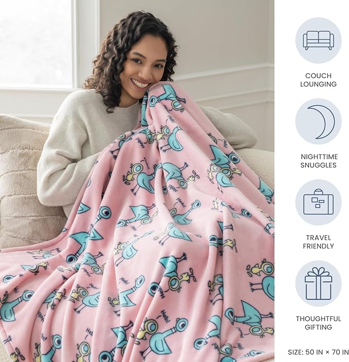 Berkshire Mo Willems® VelvetLoft® Throw Blanket - Super Soft Plush Elephant & Piggie Character Design - Cozy Home Decor, Pigeon Hello Print Pink, 50 in x 70 in(Official Mo Willems® Product)