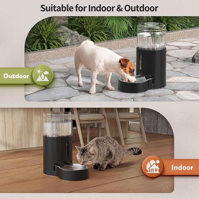 JUNSPOW Cat Water Dispenser with Stainless Steel Bowl (4L Black) | Automatic Gravity Water Dispenser for Cats or Small Medium Size Dogs, Large Capacity, Easy to Clean