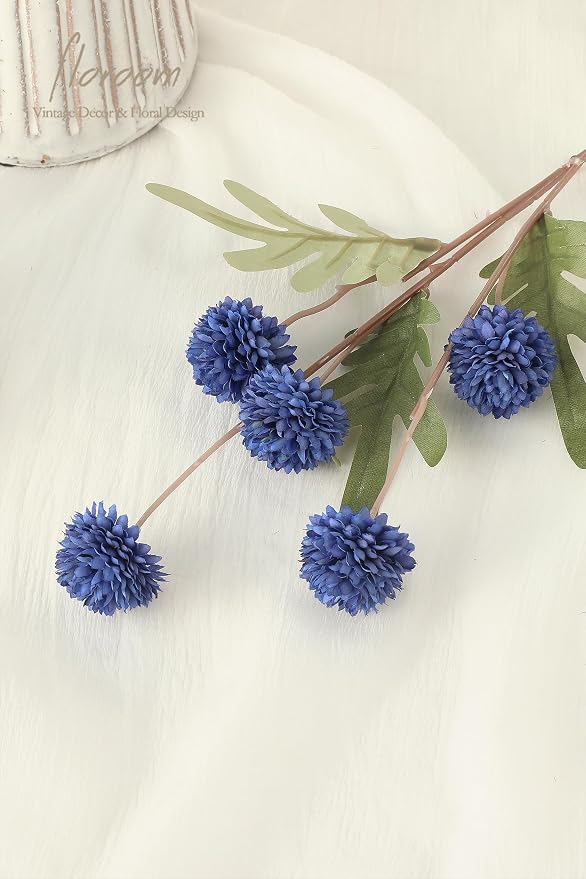 5pcs Royal Blue Faux Silk Mums Artificial Flowers, Bulk Fake Small Mini Chrysanthemums with Stems for DIY Wedding Centerpieces Floral Arrangements Vase Fillers Home Decorations