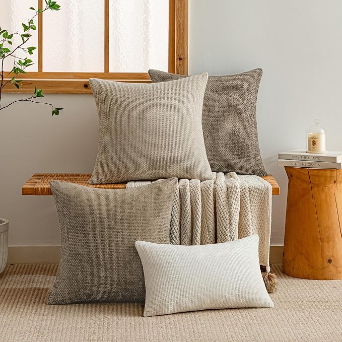 a moment Brown Chenille Throw Pillow Covers 18x18 Inch Pack of 2 Modern Decorative Throw Pillow Covers Farmhouse Cross Covers Home Decor for Sofa Bedroom Living Room