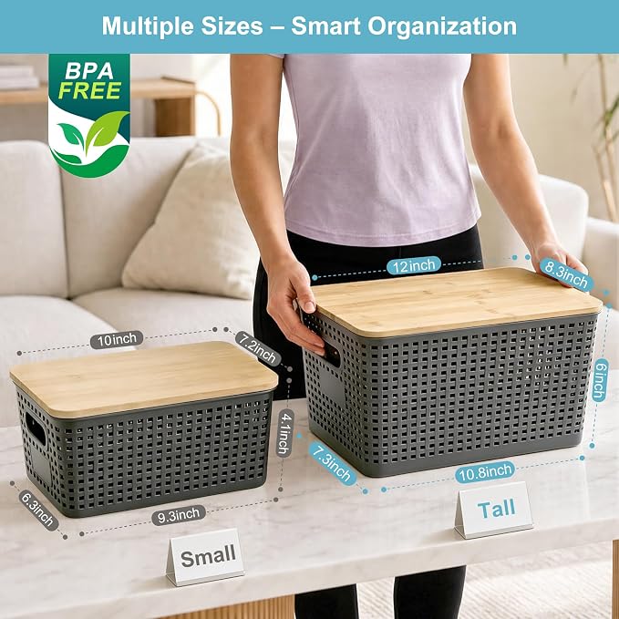 2 Pack Tall Plastic Storage Bins with Bamboo Lids, 10.8qt Stackable Storages Baskets for Organizing Desktop Closet Playroom Classroom Office, 12"L x 8.3"W x 6.1"H, Gray