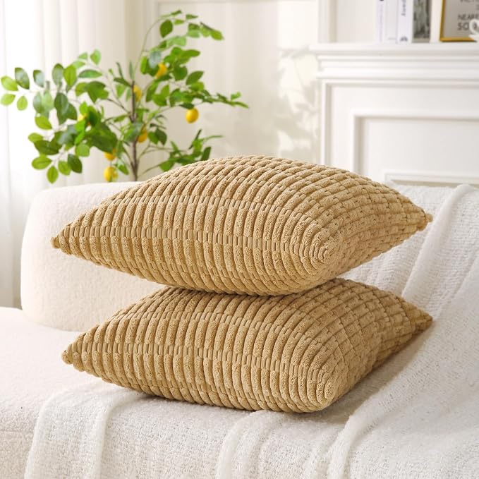 2 Pack Corduroy Decorative Throw Pillow with Inserts, 20x20 Inch Soft Boho Throw Pillow, Square Striped Throw Pillows for Couch, Bed, Sofa Decor (Golden Brown)