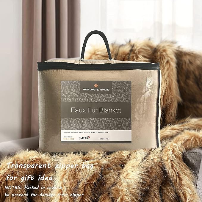 Luxury Plush Faux Fur Blanket King Size, Long Pile Golden Yellow with Black Tips Throw, Oversized Super Warm, Fuzzy, Elegant, Fluffy Shaggy Throw Blanket for Sofa, Armchair, Couch and Bed, 104"x90"
