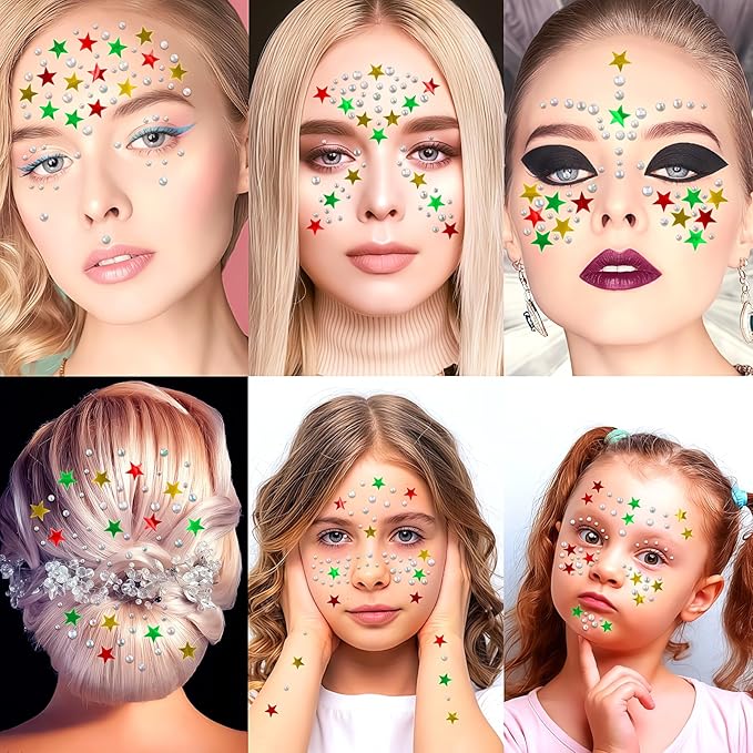 Christmas Star Face Stickers Gems for Makeup, 3 Sheets Red Gold and Green Face Glitter Rhinestone jewels, Self Adhesive Face Eye Nail Body Gems Stick on for Xmas Rave Festival Accessories