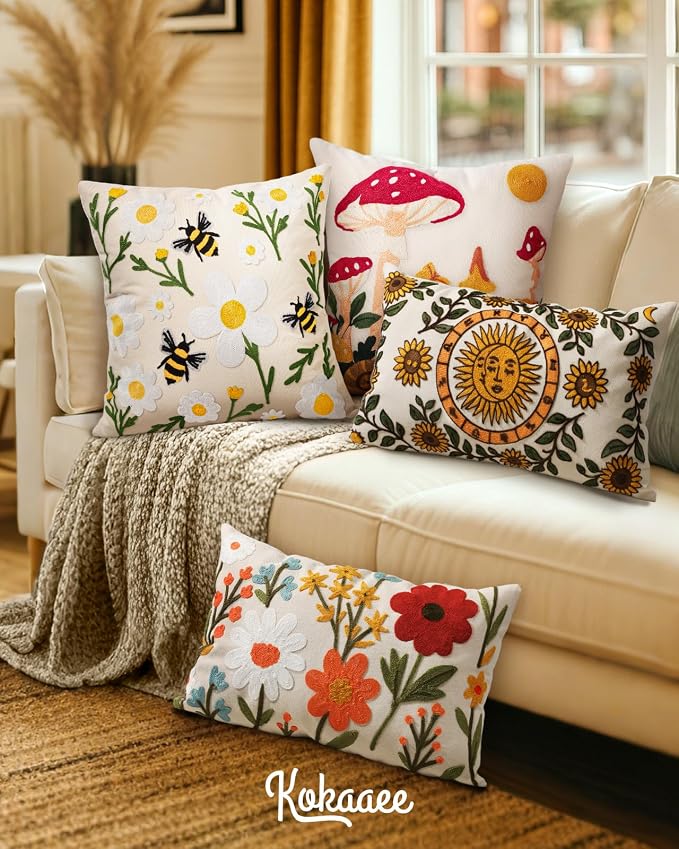 Embroidered Lumbar Pillow Cover 20x12 Inch, Sunflower Moon | Decorative Throw Pillow Cover, Farmhouse Boho Cushion Case with Hidden Zipper, Autumn Decor for Couch, Sofa, Living Room
