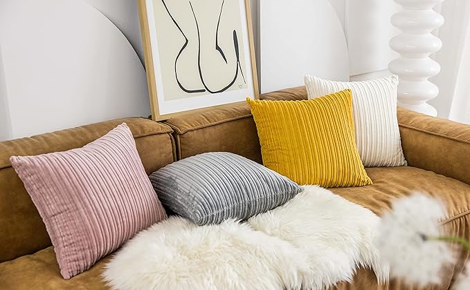 UGASA Velvet 12x20 Inch Lumbar Throw Pillow Cover, Both Sides Corduroy Striped, Soft Solid Decorative Rectangular Cushion Case for Couch/Bedroom/Car, 1 Piece, Cream