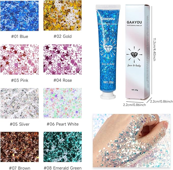 Face and Body Glitter 8 Color Body Glitter Gel Costume Accessories Chunky Glitters Eyeshadow for Christmas Party, Festivals, Event, Rave Sparkle Makeup
