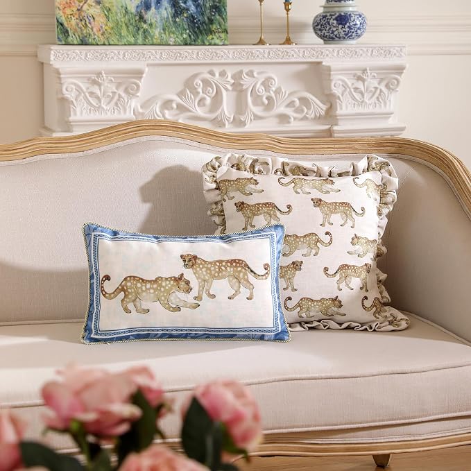patdrea Designer Vintage Linen Throw Pillow Cover,12"x20",Set of 2-Fromm E | Elegant Decorative Pillow Case with Zipper,Leopard Pattern,Pillow Cover for Couch Living Room Bedroom Sofa
